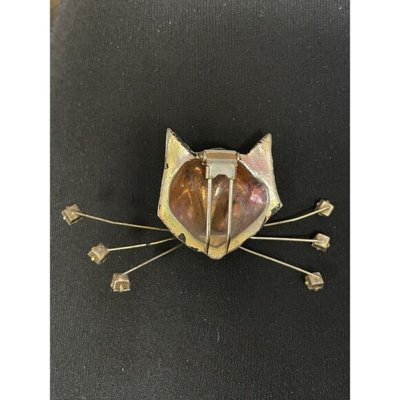 RARE Vintage Unsigned CORO CAT Head Fur Clip Rhinestone Eyes Black Cat - Picture 3 of 16